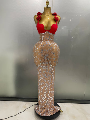 Sexy Sparkly Rhinestones Mesh Mirrors Red Roses Long Dress  2025 New Women Elegant Evening Party Club Stage performance Costume
