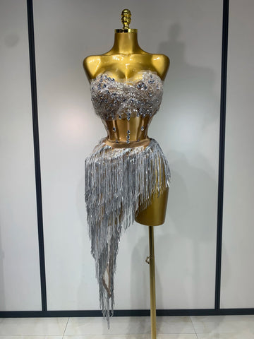 Women Sexy Singer Dancer Performan Costume Nightclub Bar Girl Sparkly Diamond Tassel Two Piece Set Evening Party Birthday Outfit