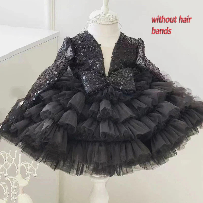 New Long Sleeve Sequins Bow Girls' Poncho Dress Wedding Flower Girl Sisters Wedding Dress Fashionable Versatile Evening Dress