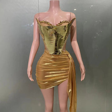 Robe mini moulante sexy en deux pièces couleur argent et or avec cristaux brillants, style Noël, tenue de scène pour chanteuse de bar