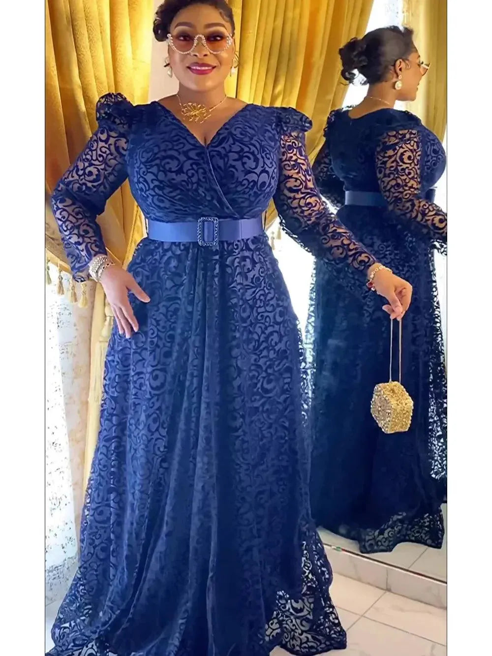Plus Size African Party Dresses for Women New Fashion Dashiki Ankara Lace Wedding Gowns Elegant Turkey Muslim Maxi Dress Navy Blue