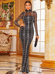 Missord Sequins See Though Women Maxi Evening Dresses Autumn Winter High Neck Wave Elegant Long Sleeve Bodycon Party Dress