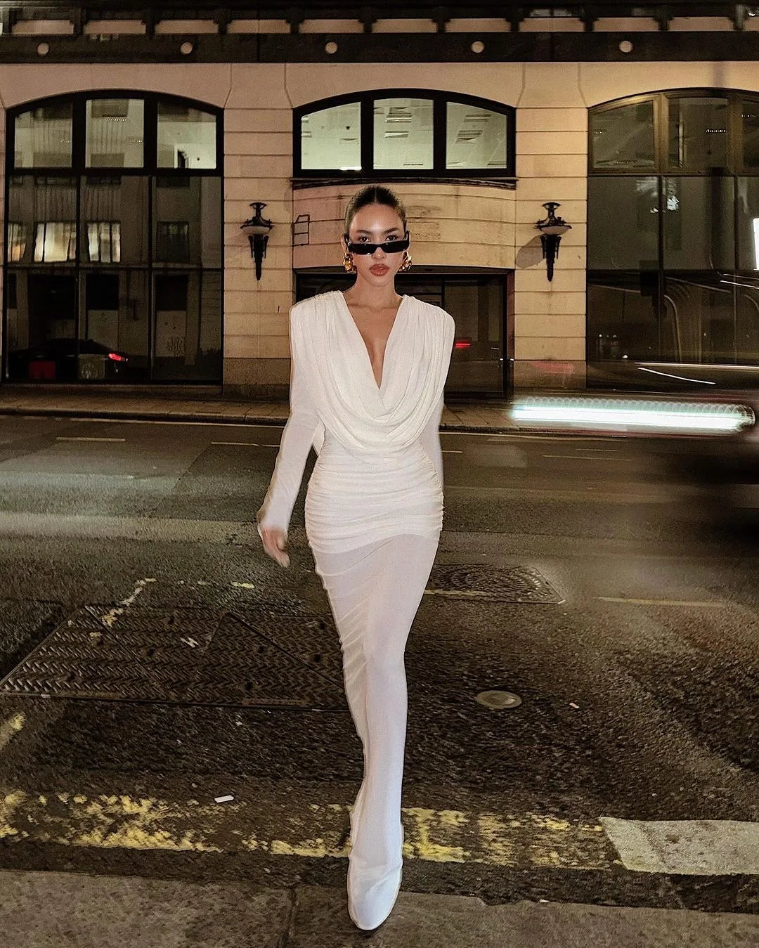 Women Celebrity Sexy Long Sleeve Deep V Neck Ruched White Maxi Long Gowns Dress 2025 Elegant Evening Party Club Vestido