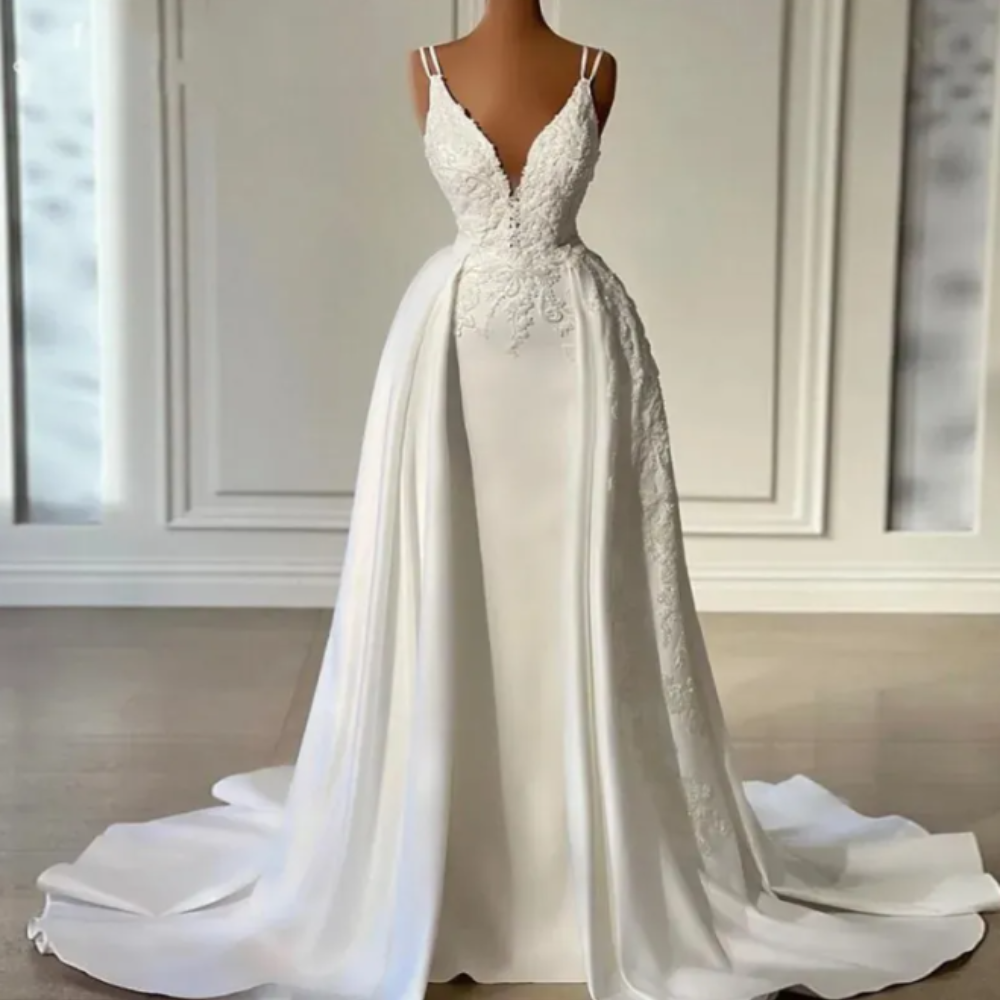 Elegant V Neck Mermaid Satin Wedding Dresses Sleeveless Floor Length Beaded Bridal Gowns with Detachable Train