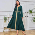 Long Dress For Prom V-neck Women Abaya Muslim Robe Gold Beaded Lace Simple Fashion Dress with Belt Casual Dubai Arab Kaftan