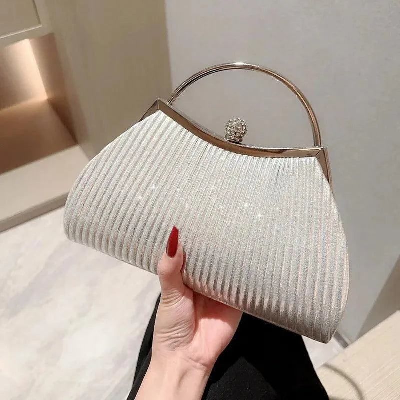 Pleated Evening Handbag Women Top Handle Glitter Day Clutch Ladies Wedding  Dinner Dressed Clip Bag Diamond Party Purse Gold