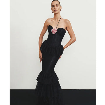 2025 Pink Flowers Halter Sleeveless Black Lace Ankle Length Dress Celebrity Birthday Party Evening Dress Woman Voaction Outfit