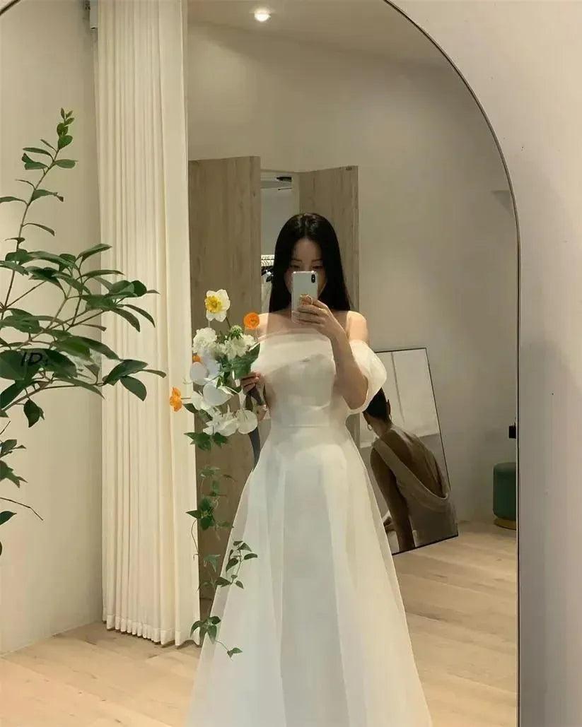 Strapless Organza Custom Made Short Sleeves Elegant Wedding Dresses A-Line Ivory Korea Brides Gowns Women Bridal Dresses As Picture