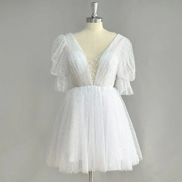 Puff Sleeves Sparkly Tulle Mini Short Wedding Dress V Neck Backless Above Knee Shiny Bridal Gown