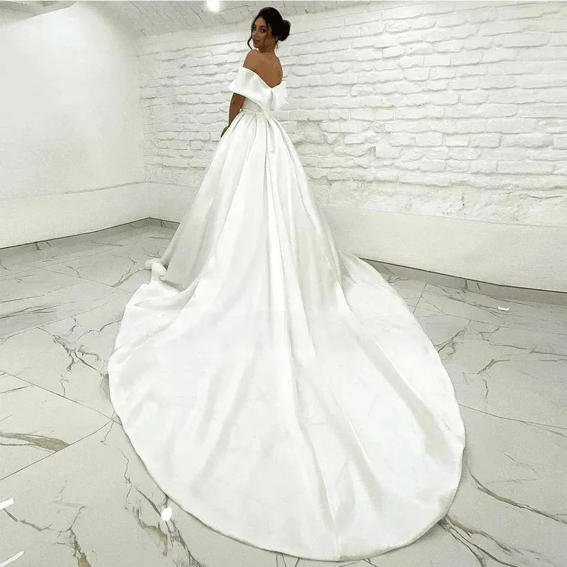 Simple Satin Wedding Dresses With Belt Cap Sleeves V neck Zipper Back Court Train Formal Bridal Gowns Vestido De Noiva Robe Beige Satin