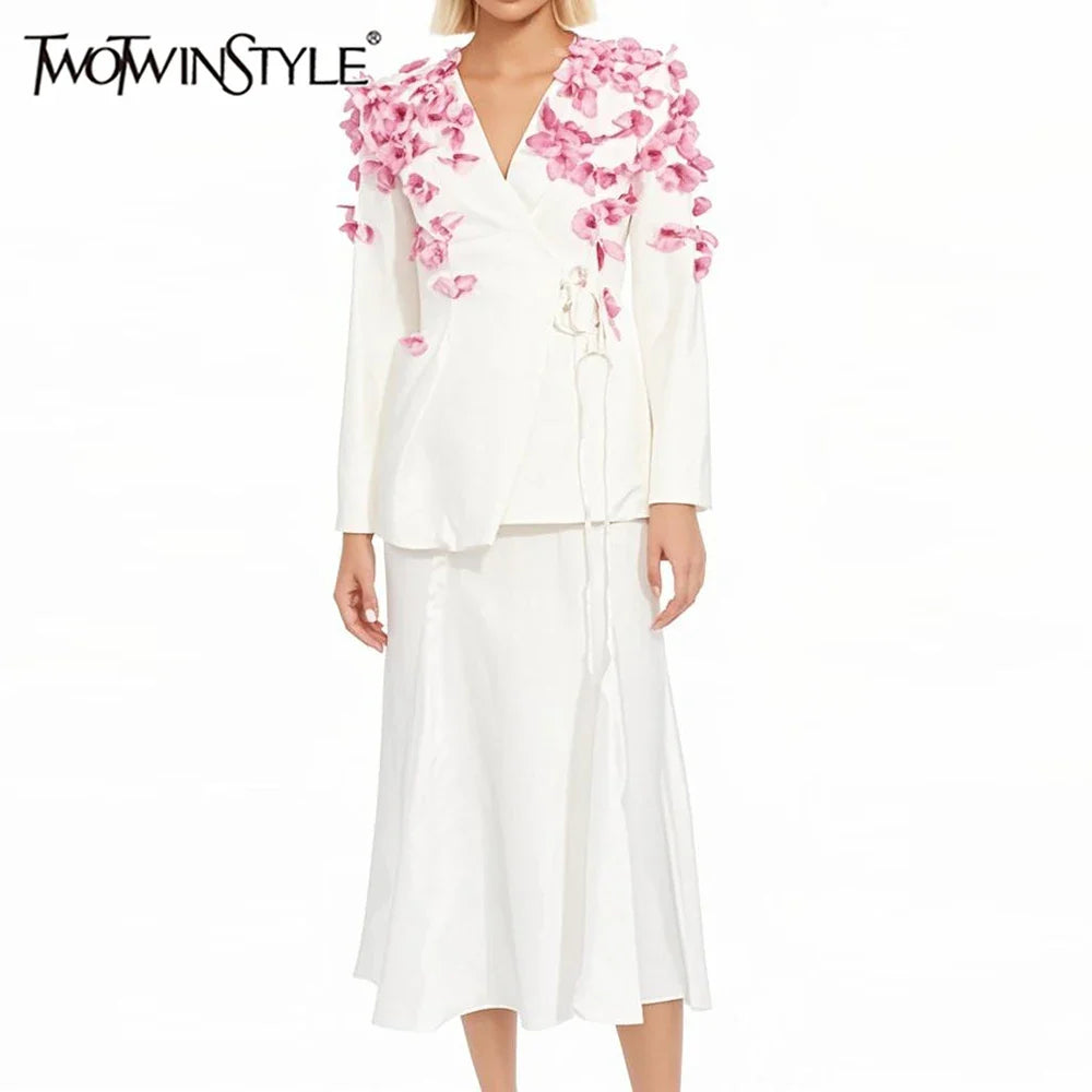 Spliced Petal Two Piece Sets for Women V Neck Long Sleeve Patchwork Lace Up Top High Wasit Skirt Elegant Set Female