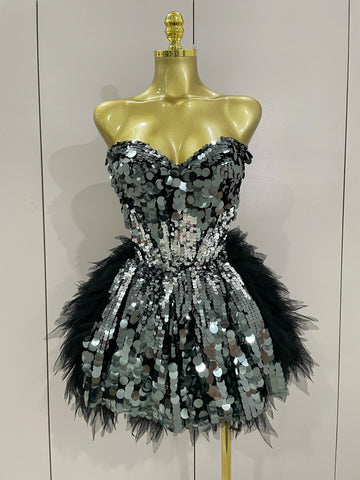 Sparkly Black Sequins Two Pieces Set  Women Party Evening Prom Celebrate Birthday Dress Nightclub Photo Shoot Stage Costume