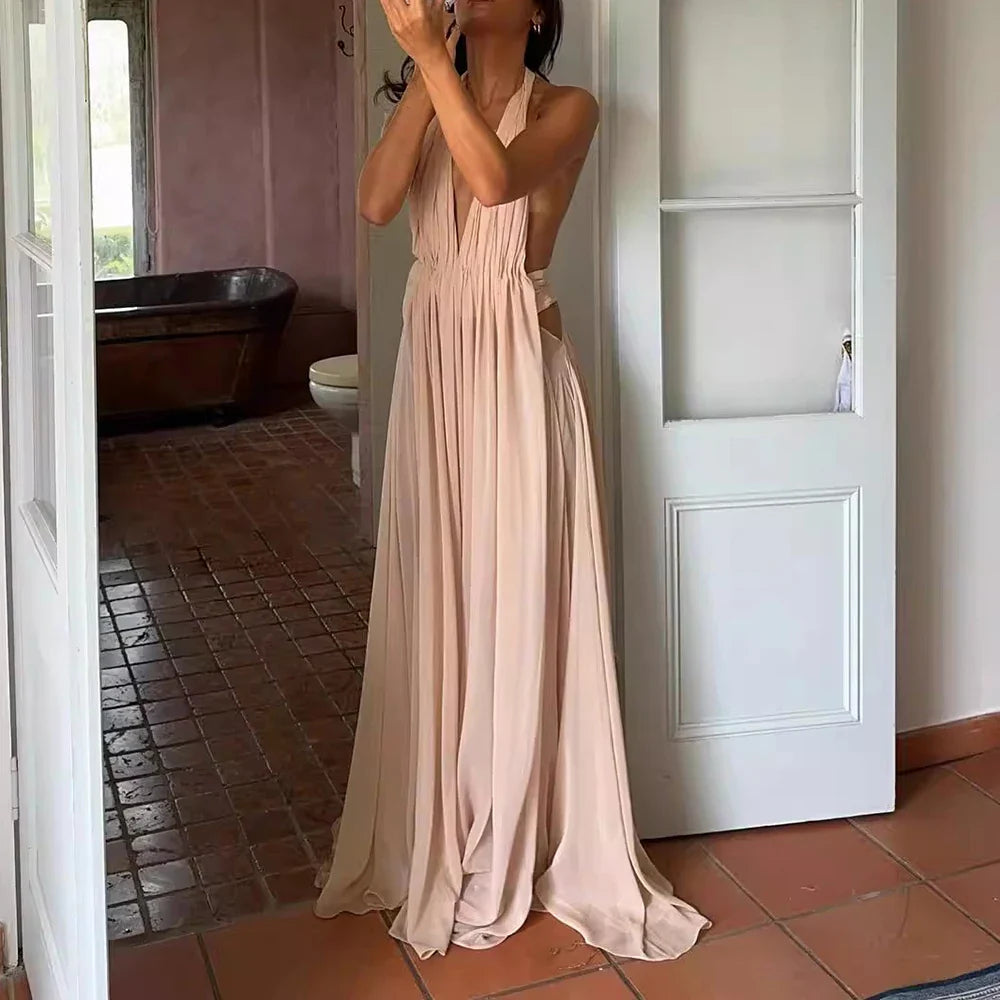 Solid Sheer Sexy Dresses for Women V Neck Sleeveless Nackless Patchwork Folds Temperament Dress Female Clothing New