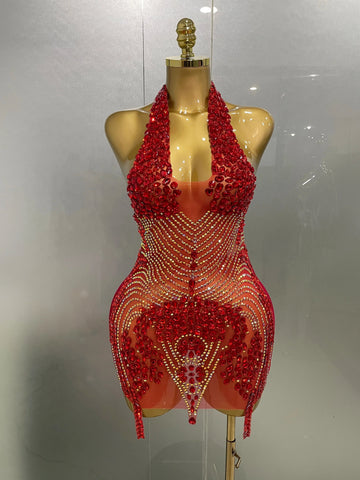 Sexy Red Sparkly Rhinestones Halter Backless Velour Short Dress  New Women Evening Prom Celebrate Birthday Party Stage Wear