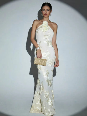 STOCK Women Sexy Halter Off the Shoulder Embroidery Bodycon Long Dress Elegant Evening Party Birthday Cocktail Outfit