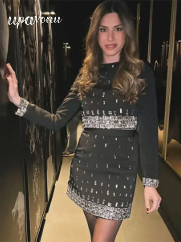 2025 Women's Wear Heavy Industry Beaded Design Mini Skirt Sets Standing Neck Long sleeved Short Top+Short Skirt Two piece Set