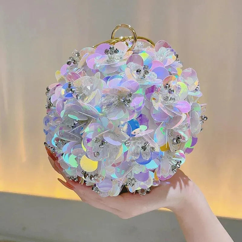 Mini Sequin Floral Clutch Bag, Elegant Round Evening Bag, Women's Formal Dinner Purse For Wedding Party & Prom Colorful