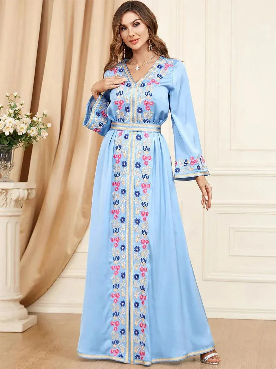 Ethnic Kuwaiti Women's Jalabiyat Abaya For Uae Dubai Female Solid Embroidery Belted Robe Ramadan Musulmane Caftan Dress Fuchsia Dress