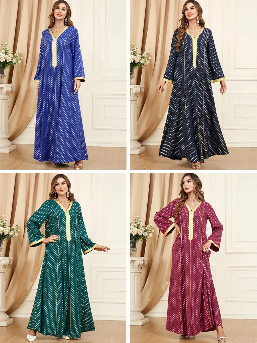 Abaya Muslim Woman Vintage Lace Tape V-Neck Polka Dot Print Long Dresses Ramadan Femme Robe Maxi Dress Spring New