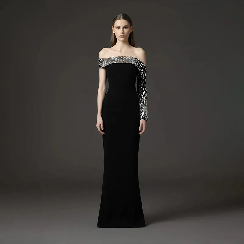 Spacial Design Luxury Diamonds Sexy Off The Shoulder Black Ankle Length Bandage Dress Woman Party Vestido Birthday Party Outfit