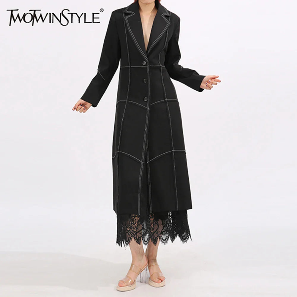 Slimming Spliced Single Breasted Elegant Trench for Women Lapel Long Sleeves Temperament Jacket Femlae Clothing New