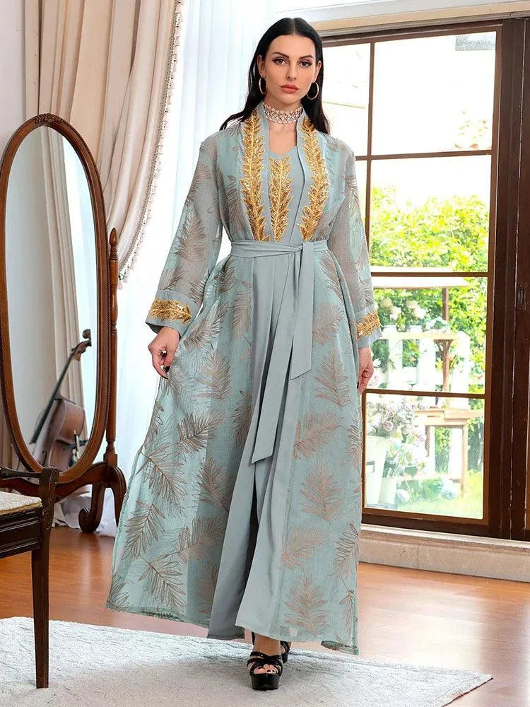 Sequined Embroidery Dubai Abaya Muslim Sets Belted Kaftan Party Robe Femme Musulmane Caftan Marocain Women's Jalabiya Ramadan