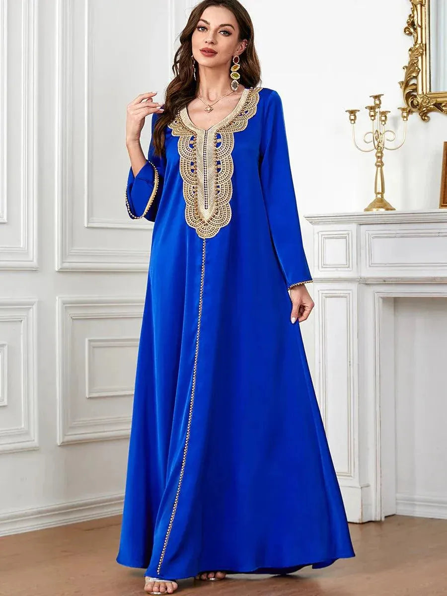 Abayah For Women Dubai Chic Solid Beading Full Sleeve V-Neck Elegant Moroccan Turkey Long Dress Female Blue Dress