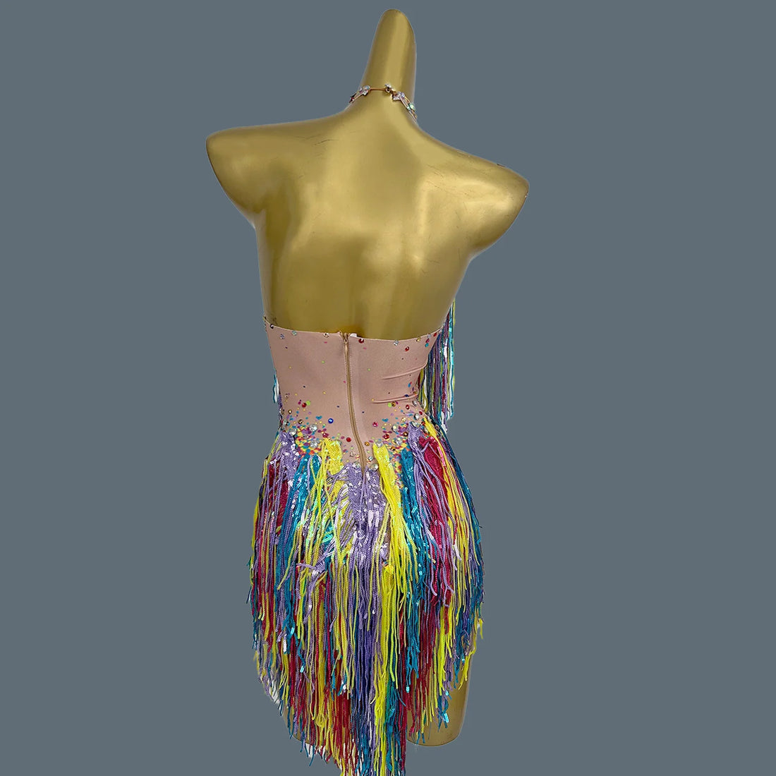 Colorful Tassel Sleeveless Bodysuit Streamer Theme Party Wear Hot Women Cheerleader Rhinestone Sequins Spandex Bodysuit Xinwucai