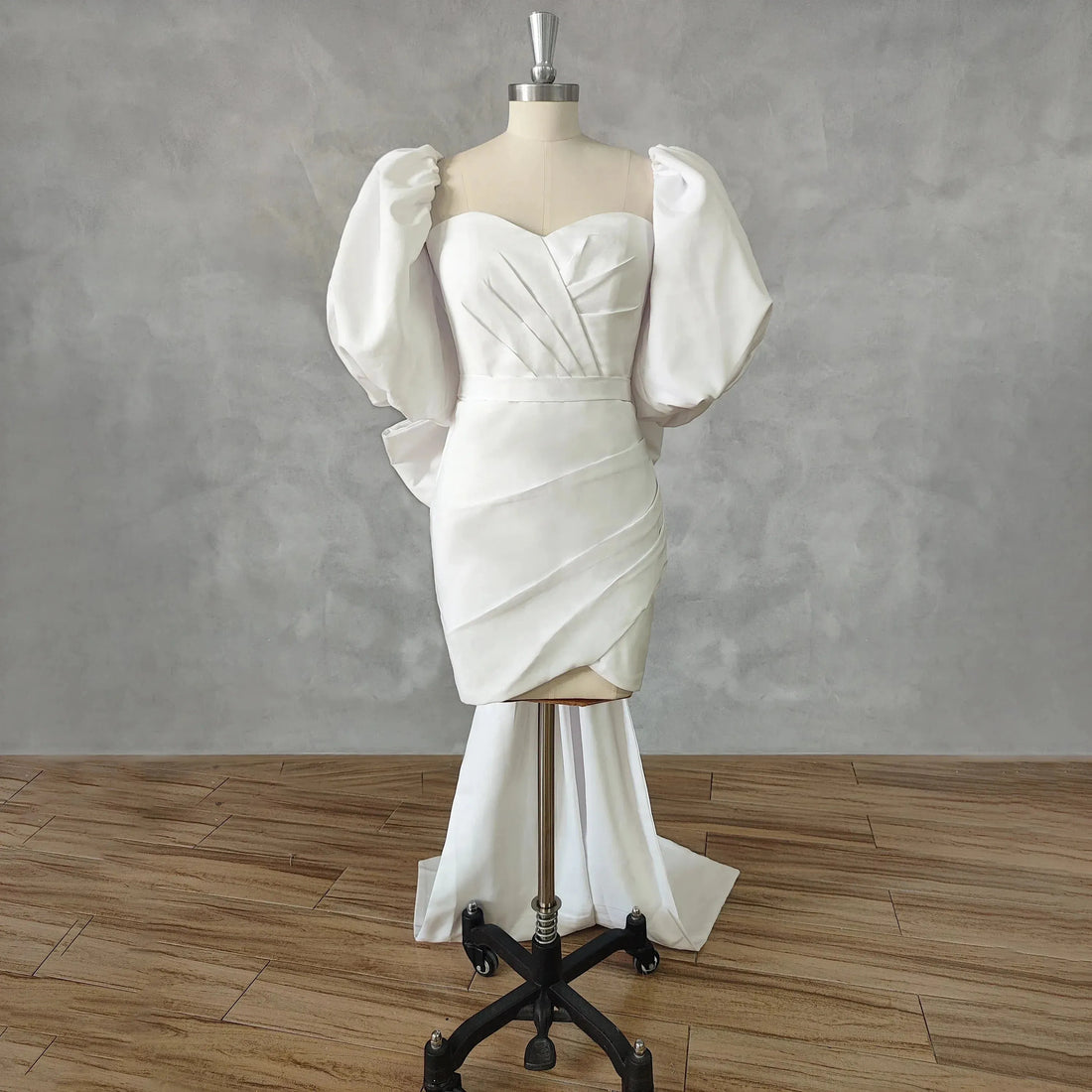 Sweetheart Puff Sleeves Pleats Short Wedding Dress Bow Sheath Above Knee Mini Bridal Gown Custom Made White Short Wedding Dress