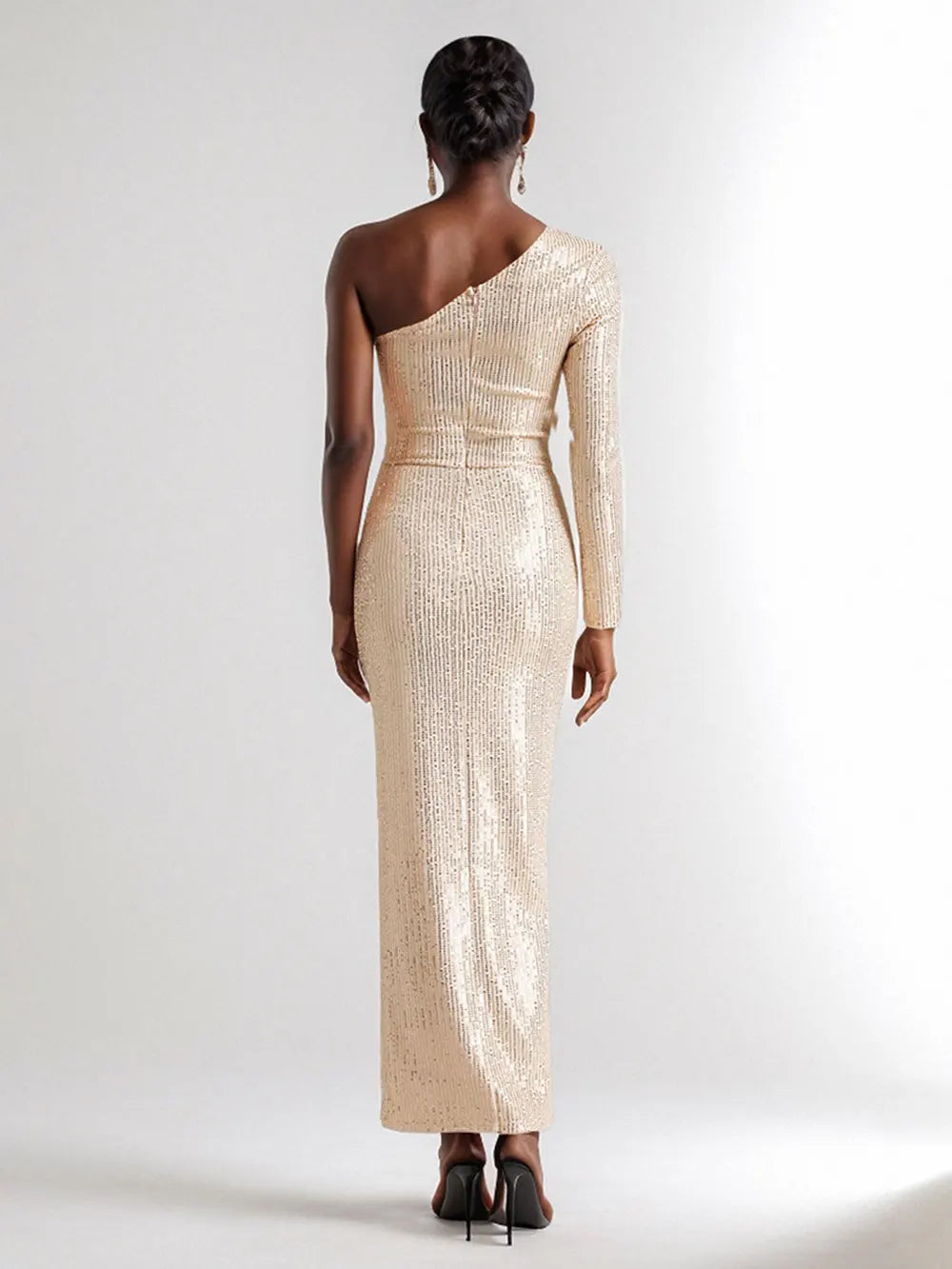 2024 Women's Light Luxury Glitter Dress with Diagonal Collar Single Shoulder Sleeve 3D Flower Decoration Bodycon Long Dresses