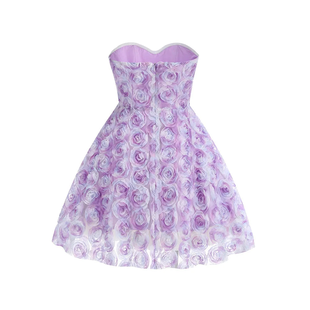 Purple Color Women Sexy Off the Shoulder Florals Ball Gown Mini Dress Vacation Cute Girls' Birthday Party Dress