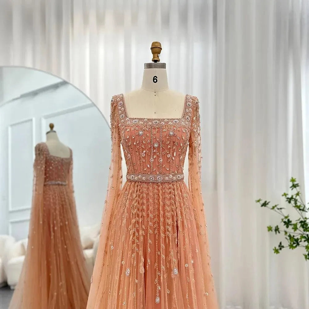 Luxury Pink Dubai Evening Dresses for Women Wedding Square Neck Cap Sleeves Arabic Muslim Formal Party Gowns Evening Dress