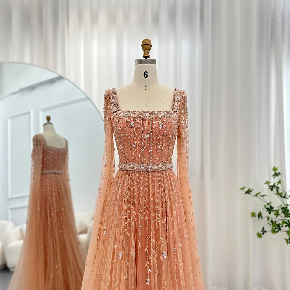 Luxury Pink Dubai Evening Dresses for Women Wedding Square Neck Cap Sleeves Arabic Muslim Formal Party Gowns