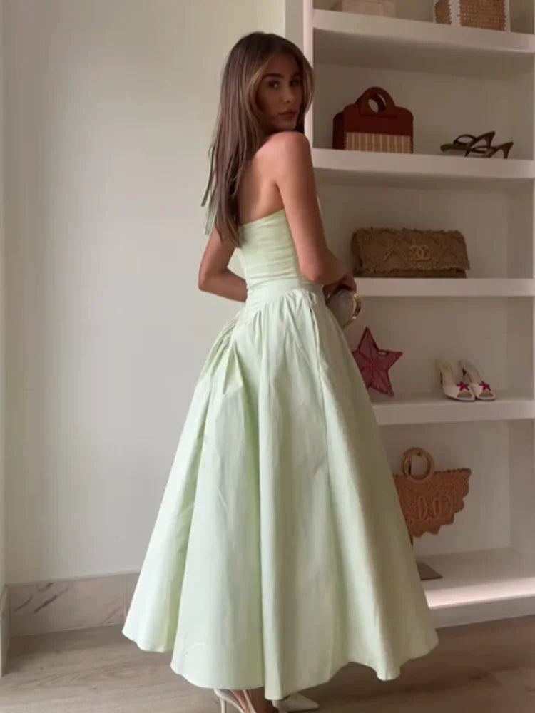 Elegant V Neck Green Long Dresses Women Fashion High Waist A-line Halter Midi Vestidos New Summer Lady Evening Party Dress 2025