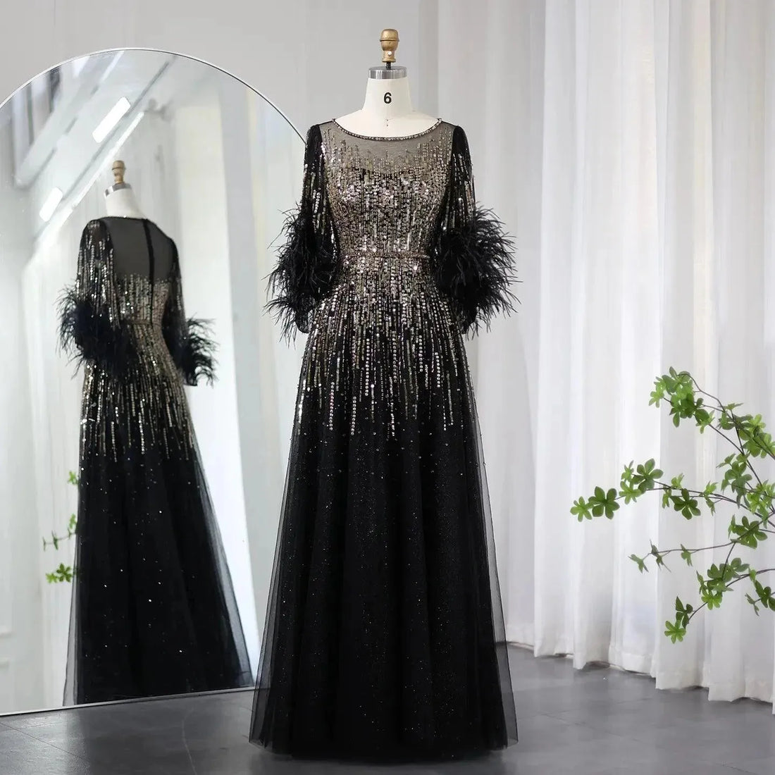 Luxury Feathers Black Dubai Evening Dresses for Women Elegant Fuchsia Arabic Half Sleeve Wedding Party Dress Evening Dress