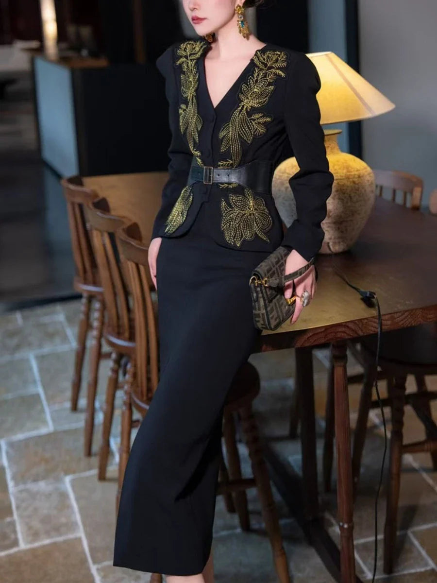 TWOTWINSTYLE Solid Spliced Appliques Two Piece Sets for Women V Neck Long Sleeve Top High Waist Split Skirts Elegant Set Female