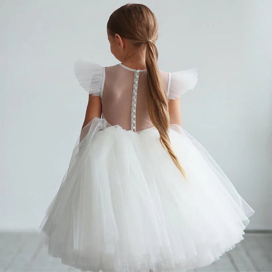 Robe de demoiselle d'honneur élégante fille fleur robe blanche Kids Birthday Party Prom Robe Princesse Tulle Tutu Luxury Gala formel Gala Costume