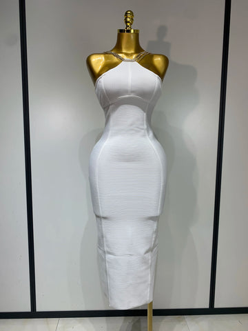 Sexy Sling Backless Crystal Diamonds Chain Bodycon Bandage Dress 2025 White Elegant Evening Club Luxury Birthday Party Dresses