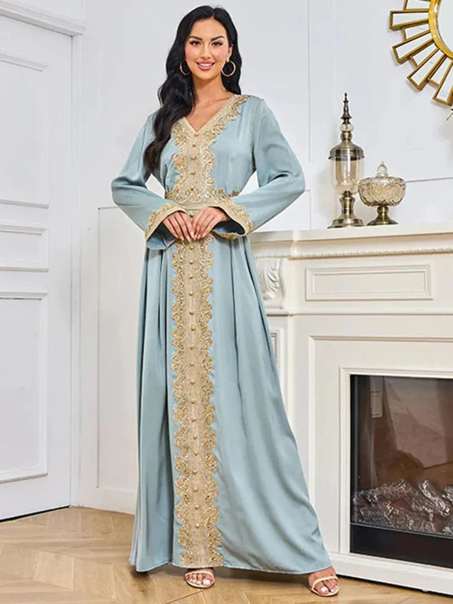 Fashion Modest Muslim Abayas Lace Tape Full Sleeve V-Neck Belted Clothing Long Dresses For Women Gala Blue Dress