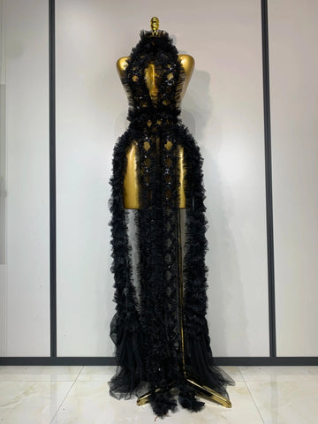 Black Mesh Sequins Sexy  Halter See Through Dress  Evening Party Prom Nightclub Singer Performance Costume Stage Wear