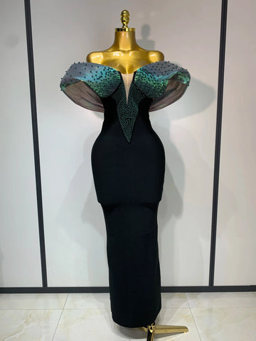 Women Celebrity Sexy Off Shoulder Beading Bodycon Maxi Long Bandage Dress  Elegant Evening Club Party Luxury Birthday Outfit