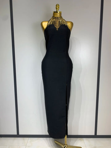 Women Fashion Celebrity Sexy Backless Beading Midi Black Bodycon Bandage Dress 2025 Elegant Evening Club Luxury Birthday Dresses
