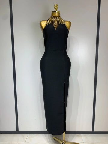 Women Fashion Celebrity Sexy Backless Beading Midi Black Bodycon Bandage Dress  Elegant Evening Club Luxury Birthday Dresses