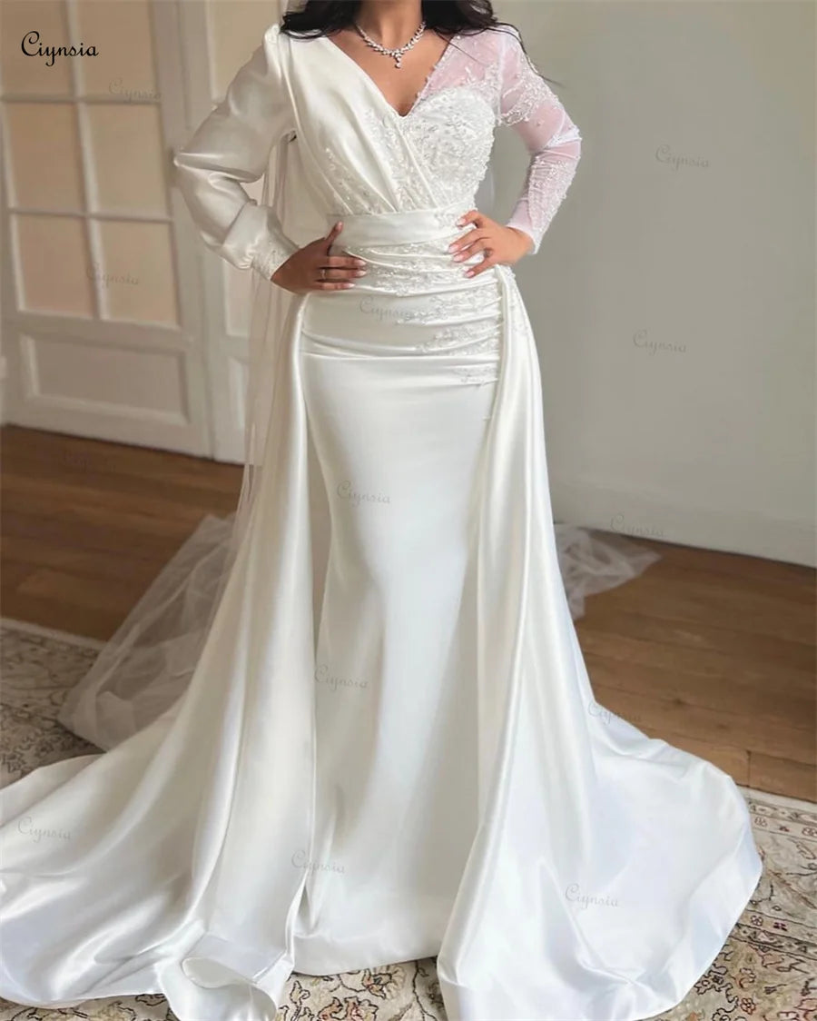 Elegant V-Neck Trumpet Wedding Gown Full Sleeves Satin Bridal Dress for Bride Lace Beads Vestidos De Novia wedding dress Ivory