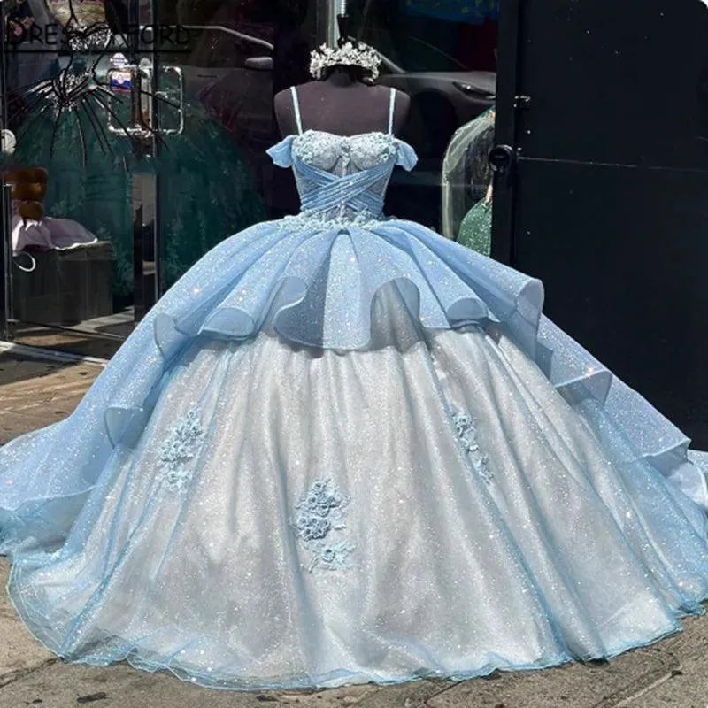 Quince Dress | Glittering Blue 3D Flower Quinceanera Dresses Beading Floral Lace Crossed Tulle Vestidos De 15 Anos Birthday Party