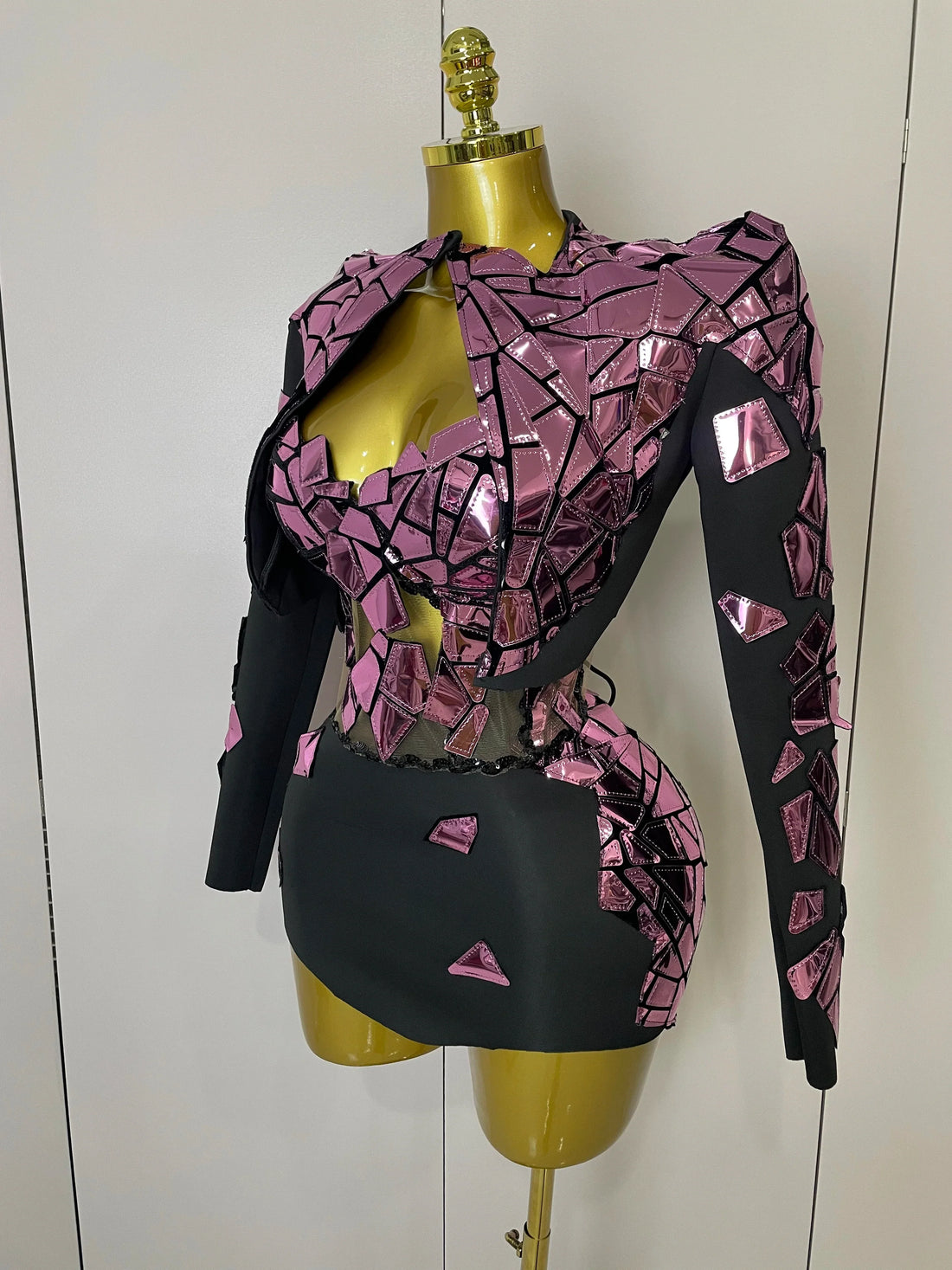 Women Sexy Pink Glitter Sequin Mirrors Short Skirt 3pcs Set Birthday Party Nightclub Queen Drag Stage Costume