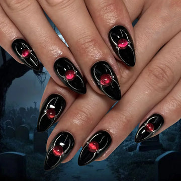 24Pcs short black halloween almond wearable fake nails with red rhinestone design simple nail art full cover nail tips for girls