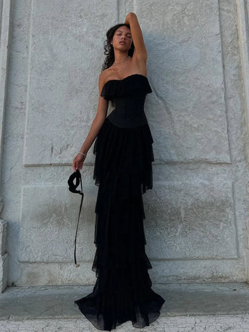 2025 Women Sexy Strapless Ruffle Slim Maxi Dress for cummerbund Elegant Sleeveless Lady Evening Party Gowns Female Robes