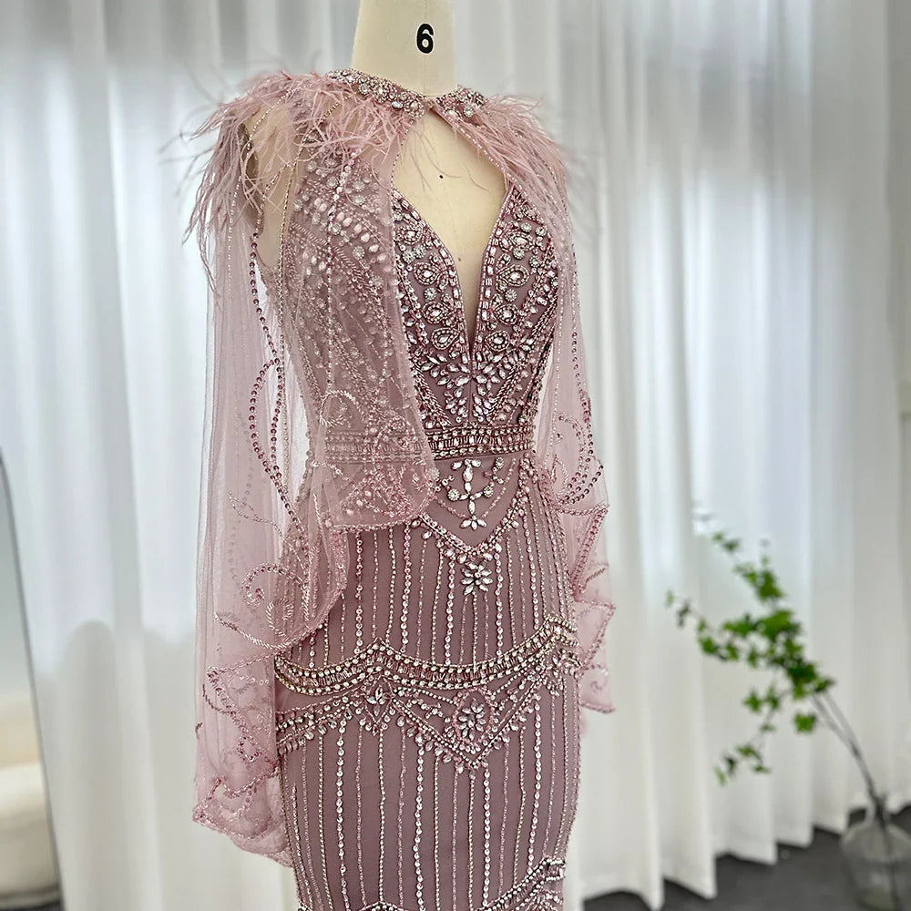 Champagne Mermaid Evening Dress with Feathers Shawl Cape Luxury Dubai Prom Dresses Long Graduation Formal Gown