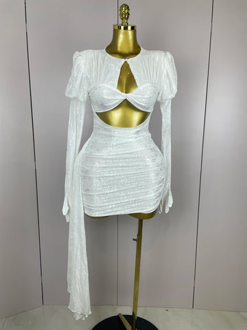 2025Women White Birthday Dress Fashion Long Sleeve O Neck Cut Out Bodycon Mini Trailing One Piece Celebrity Evening Club Dresses